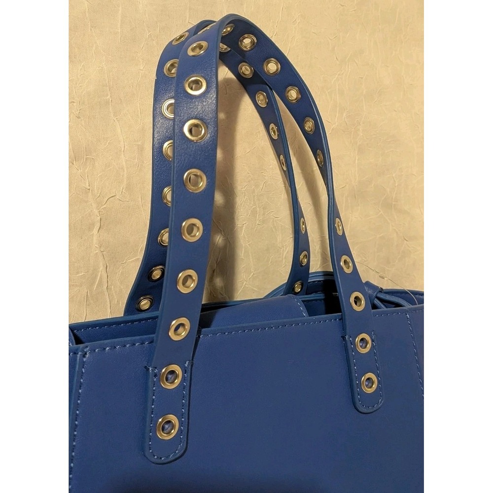 French Connection Purse Blue Faux Leather Bag Tote Grommets Double Handle - Picture 9 of 16
